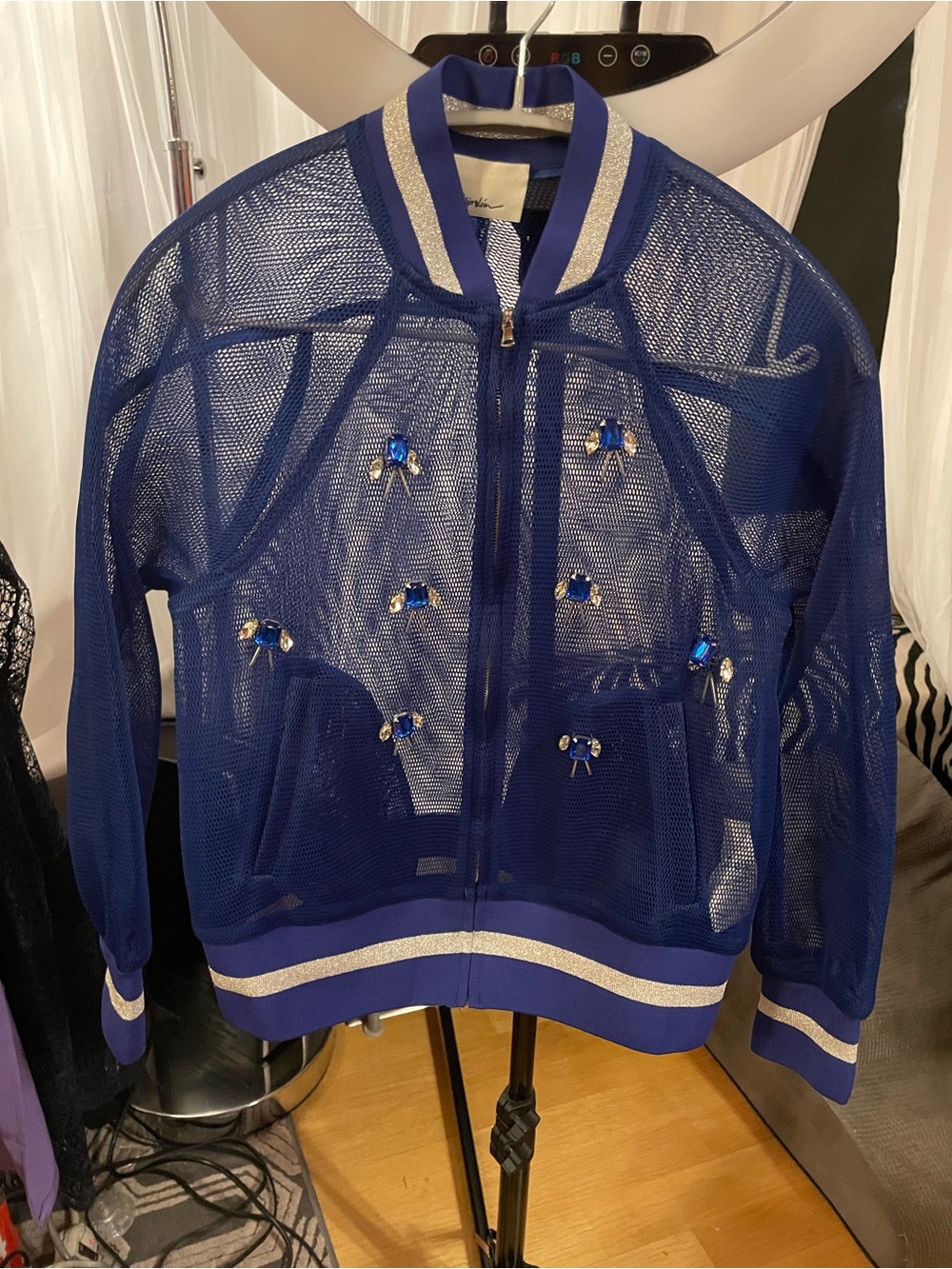 Cobalt Blue Mesh Bomber Jacket with Crystal Accents
